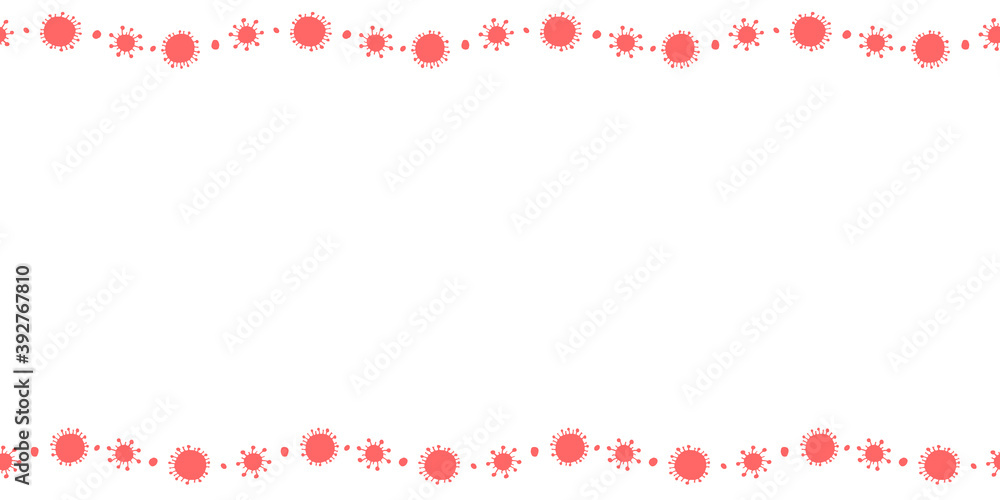Background, frame, border from molecules, cells of virus, bacteria. Horizontal top and bottom edging, border on theme of Pandemic, epidemic covid-19, quarantine, vaccination. Vector drawn isolated Background, frame, border from molecules, cells of virus, bacteria. Horizontal top and bottom edging, border on theme of Pandemic, epidemic covid-19, quarantine, vaccination. Vector drawn isolated