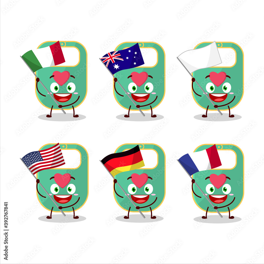 Green baby appron cartoon character bring the flags of various countries