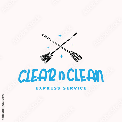 Brooms and mops for cleaning service logo design