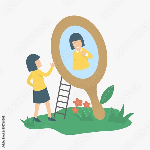 self care and self esteem concept,woman or girl looks in the mirror and smiles at herself,Stay positive and self confidence,Vector illustration.
