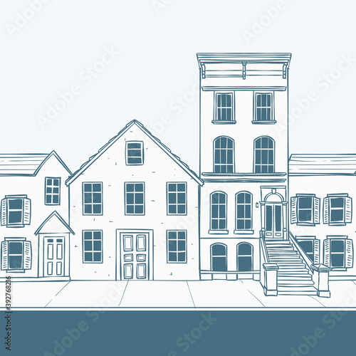 Illustration of old downtown house and apartment vintage hand drawn vector