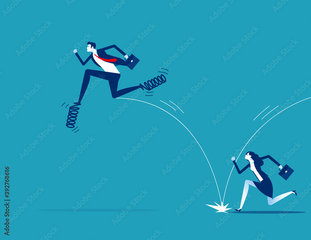 Leadership uses spring to jump in front of his companion. Business competition concept Leadership uses spring to jump in front of his companion. Business competition concept
