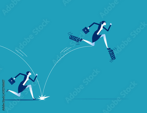 Leadership uses spring to jump in front of his companion. Business competition concept