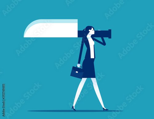 Businesswoman walking and holding big knife. Stronger concept