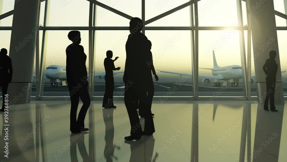 4K Animation of People Silhouette in Airport Terminal Waiting Area wait for Airplane. Aircraft takes off from Airport at Sunset 4K Animation of People Silhouette in Airport Terminal Waiting Area wait for Airplane. Aircraft takes off from Airport at Sunset