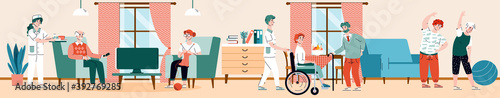 Nursing home interior with residents and staff busy with daily activity, flat cartoon vector illustration. Retirement aged and disabled people care service.