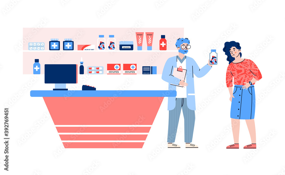 Obraz premium Woman with pain in drugstore getting medications, flat vector illustration isolated on white background. Pharmacy and medical prescription, online pharma shop.