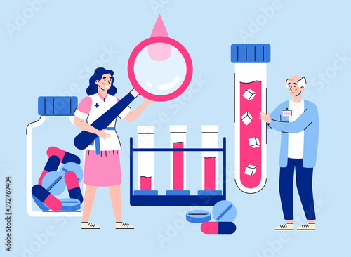 Diabetes glucose test banner concept with people characters and medical laboratory equipment, flat cartoon vector illustration isolated on blue background.
