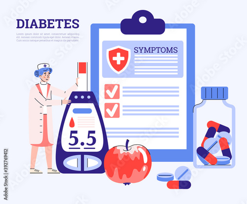Diabetes medical poster with doctor cartoon character holding glucometer. Banner to popularize information about diabetes symptoms and treatment, flat vector illustration.