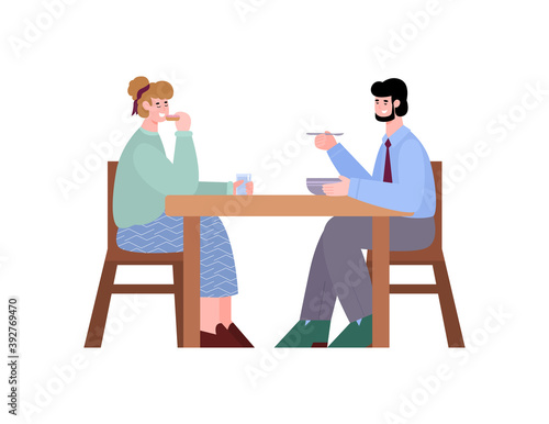 Office workers or colleagues communicating and snacking during break, flat cartoon vector illustration isolated on white background. Lunch break at office scene.
