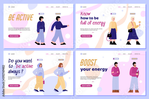 Set of vector landing pages templates with people tired and energetic. Battery icon with an indicator showing low and high energy levels. Cheerful, boost and active lifestyle.