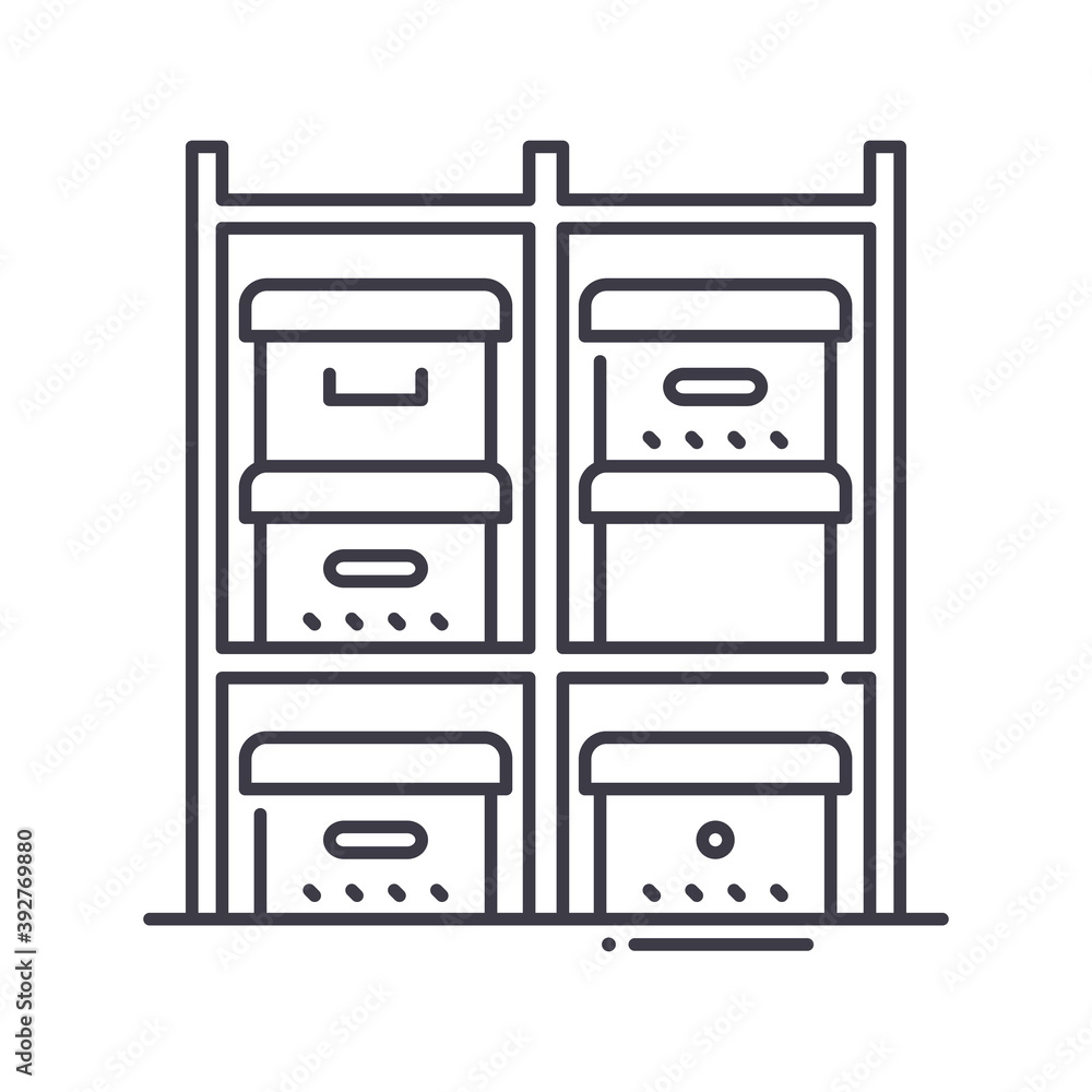Shelf with boxes icon, linear isolated illustration, thin line vector, web design sign, outline concept symbol with editable stroke on white background. Shelf with boxes icon, linear isolated illustration, thin line vector, web design sign, outline concept symbol with editable stroke on white background.