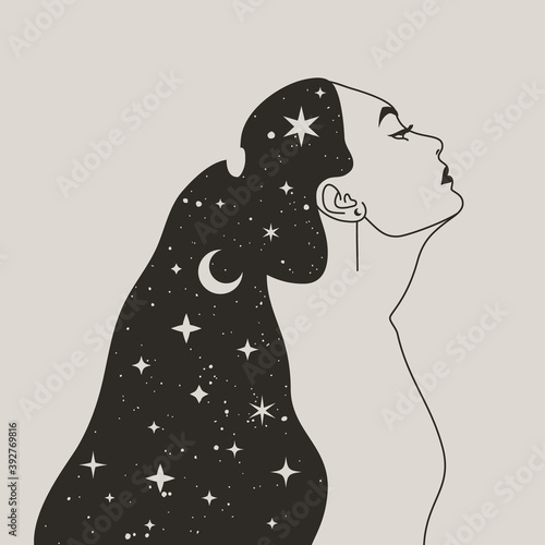 Mystical Woman with the Moon and the Stars in her Hair in a Trendy Boho Style. Vector Space Portrait of A girl in Profile for wall print, t-shirt, tattoo Design, for social media post and stories