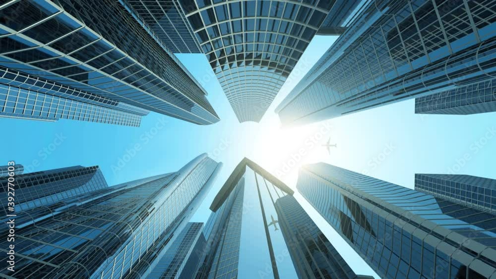 Megalopolis City Modern Financial District with Buildings and Sun Light and Flying Airplane above the Skyscrapers Megalopolis City Modern Financial District with Buildings and Sun Light and Flying Airplane above the Skyscrapers