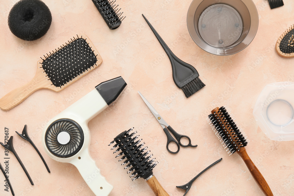 Set of hairdresser tools on color background Set of hairdresser tools on color background