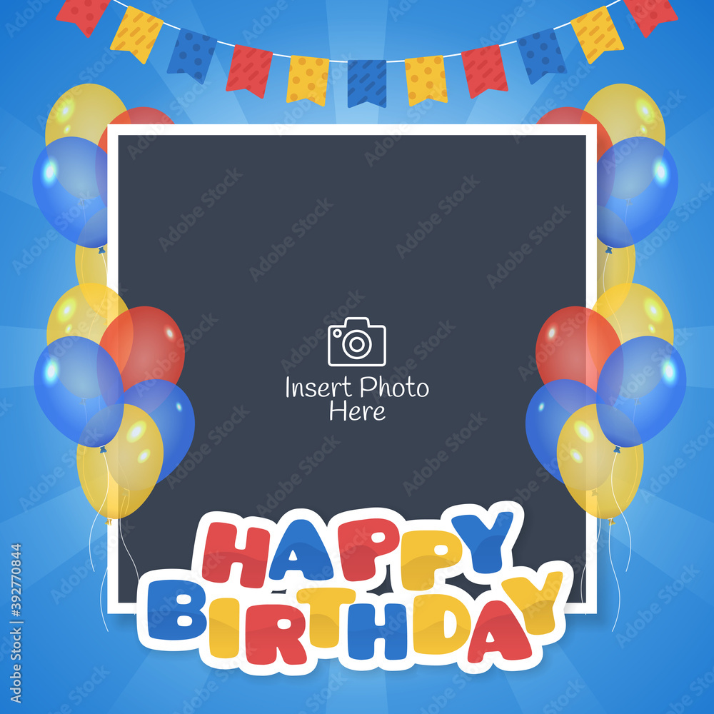 Happy birthday frame with colorful balloons and flags Stock Vector