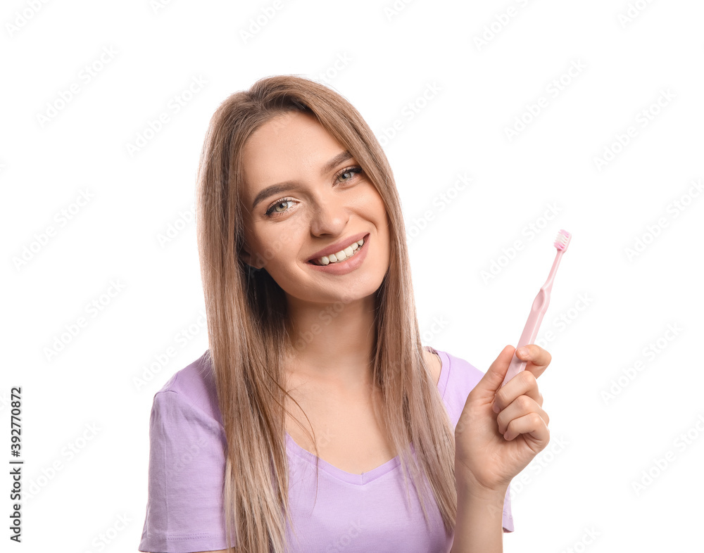 Young woman with tooth brush on white background Young woman with tooth brush on white background