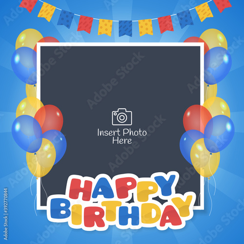 Happy birthday frame with colorful balloons and flags