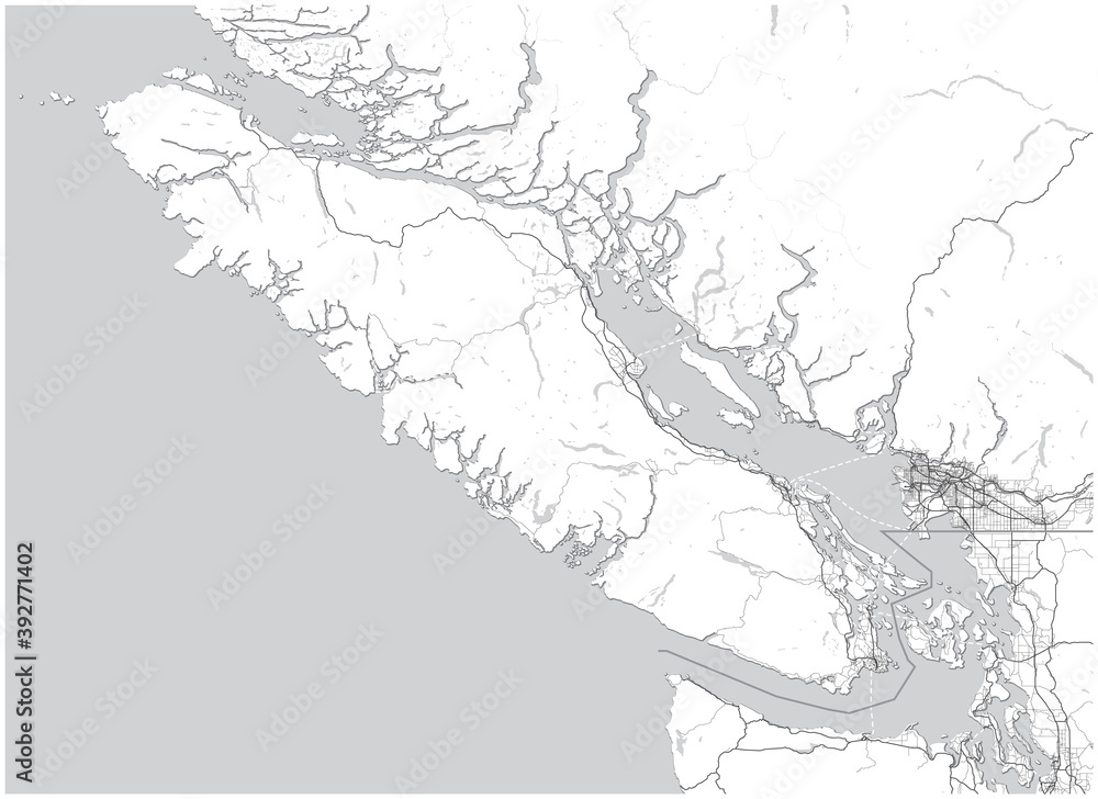 Vancouver Island Map with Greater Vancouver, British Columbia, Canada and parts of Washington State, United States. Simple grey scale map without text. Shapes are optimized for readability. 