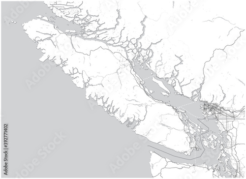 Vancouver Island Map with Greater Vancouver, British Columbia, Canada and parts of Washington State, United States. Simple grey scale map without text. Shapes are optimized for readability. 