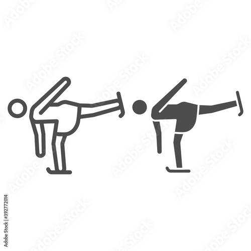 Figure skater performs exercise line and solid icon, Winter sport concept, ice skating symbol on white background, Figure skating icon in outline style for mobile and web design. Vector graphics.