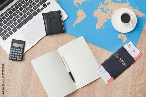 Set of travel items on table