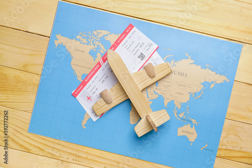 Set of travel items on wood...