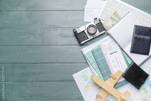 Set of travel items on wood...
