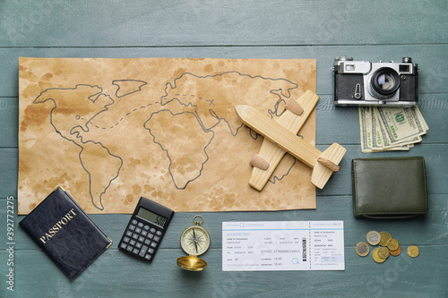 Set of travel items on wood...