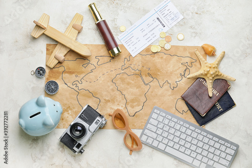 Set of travel items on ligh...