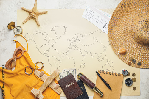 Set of travel items on worl...