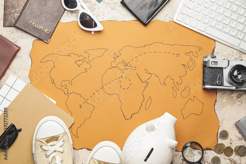Set of travel items on table