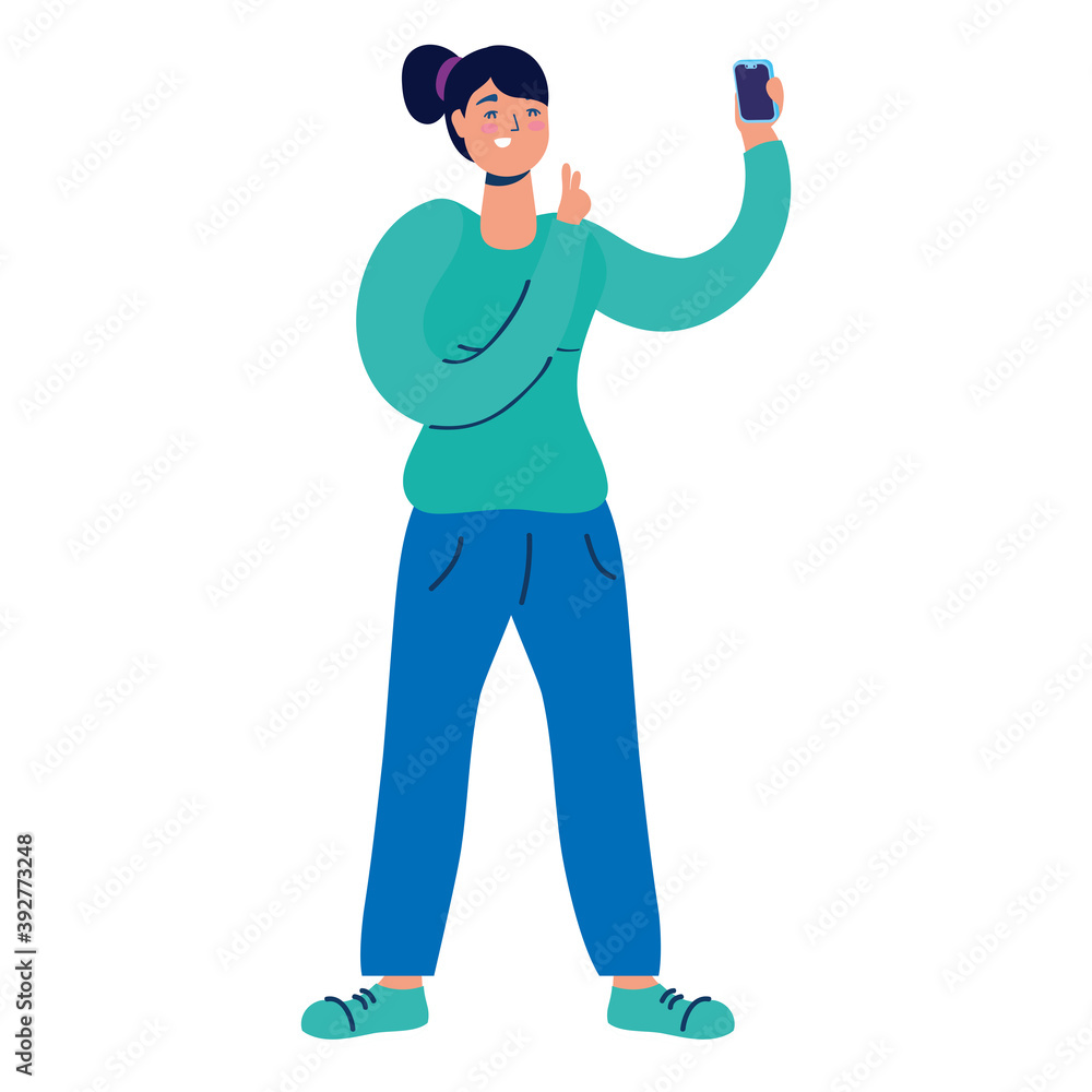young woman using smartphone technology character