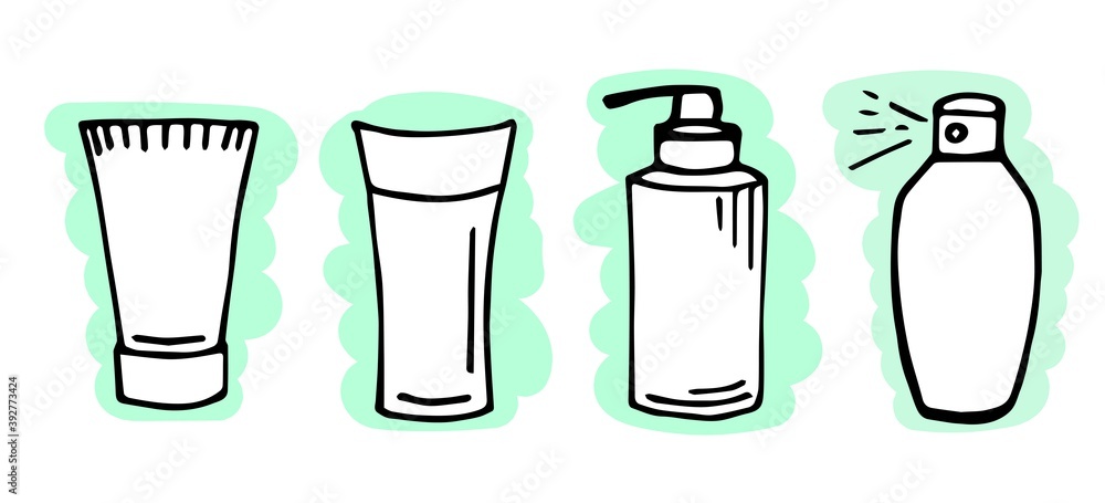 Simple vector doodle drawing in black outline on blue white background. Hand disinfection, antiseptic spray in a bottle, cleansing, care, protection against germs. Disinfectant, medicines. Tube set