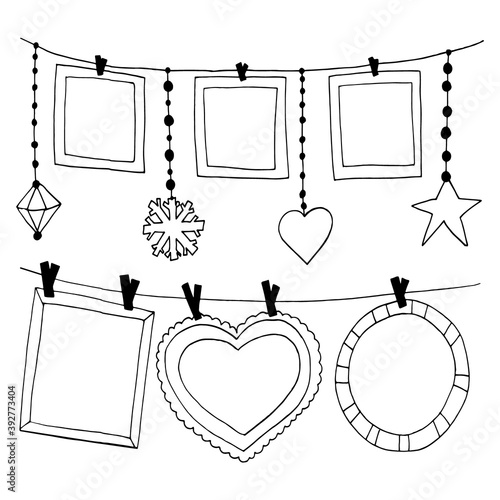 frames, heart, star, snowflake hang on clothespins on a thread sketch set hand drawn doodle. template poster, card, decor, vector, monochrome, minimalism, love, valentine day.