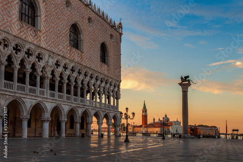 Dawn breaks over the Doges Palace and the island of San Giorgio seen from St. Mark's Square in Venice, Italy © Andrew S.