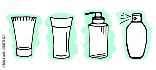 Simple vector doodle drawing in black outline on blue white background. Hand disinfection  antiseptic spray in a bottle  cleansing  care  protection against germs. Disinfectant  medicines. Tube set
