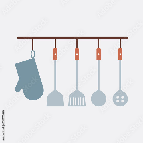 Flat Design Side View Hanging Kitchen Equipment Vector Illustration.