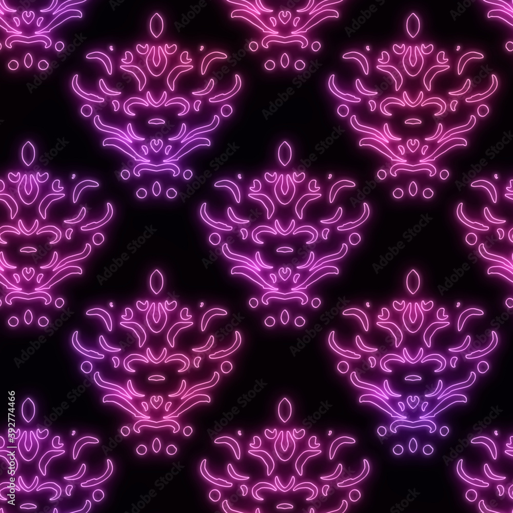 Neon light on black damask seamless repeat pattern. High quality illustration. Funky nightlife retro revival design. Futuristic dramatic glow lighting. Neon light on black damask seamless repeat pattern. High quality illustration. Funky nightlife retro revival design. Futuristic dramatic glow lighting.