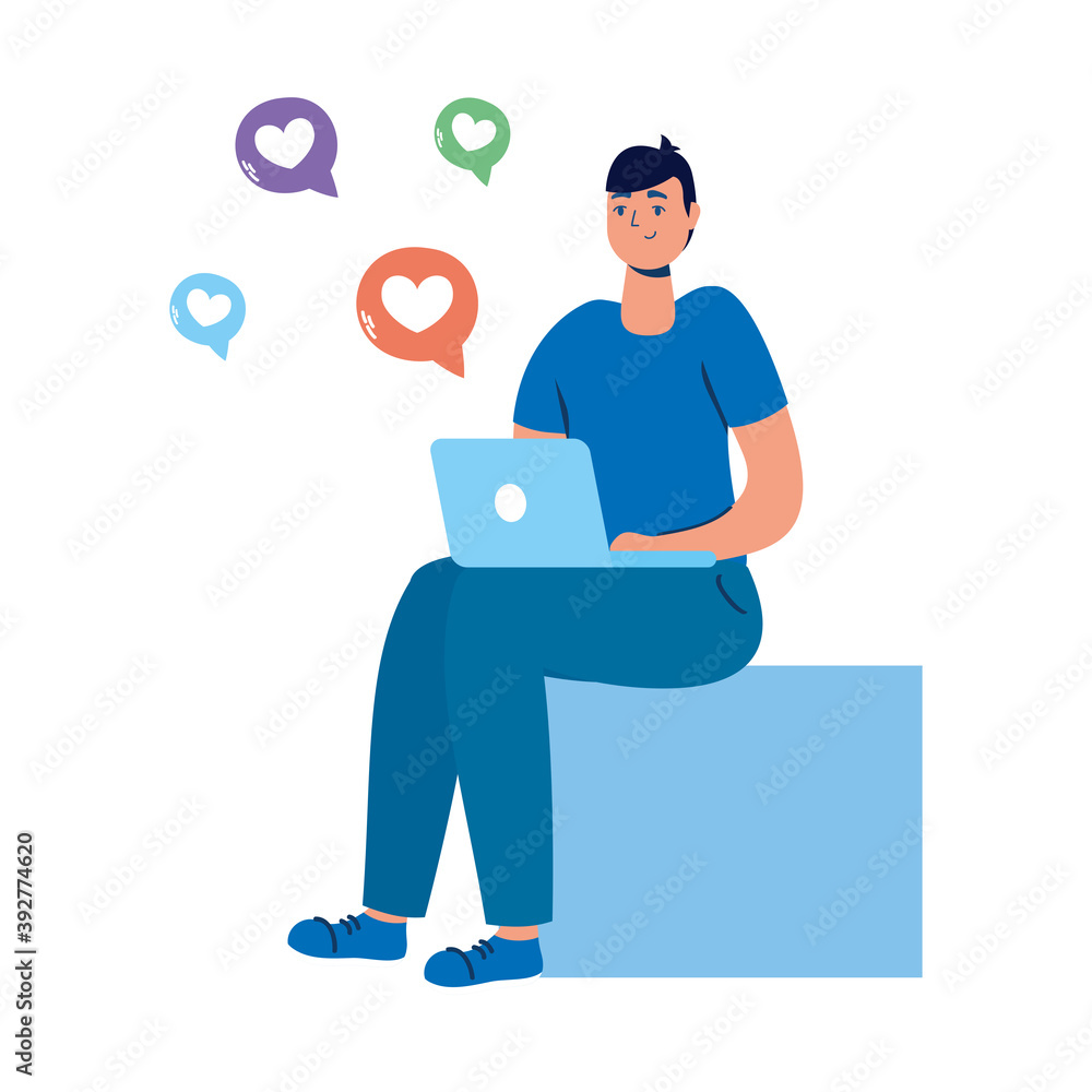 young man seated using laptop and social media icons young man seated using laptop and social media icons