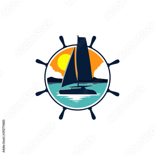 simple modern yacht boat on a sea during sunset vector icon