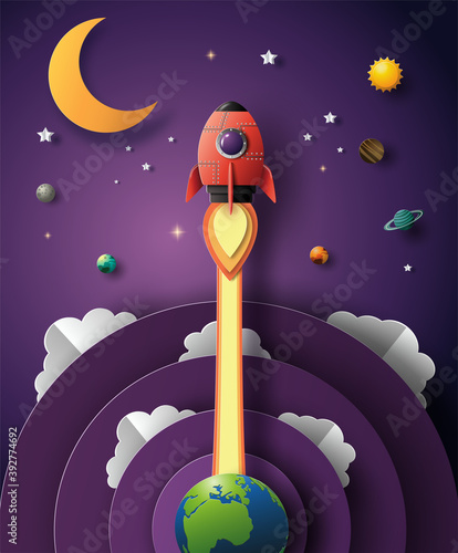 Paper art style of rocket flying in space, start-up concept, flat-style vector illustration.