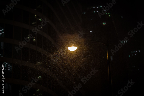 Winter Snow falling Under an Urban City Street Light