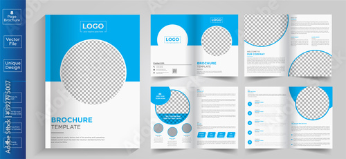 Minimal & clean geometric design of 8-page blue color template for brochure, flyer, magazine, catalog or company report. A4 size,8 pages business company profile brochure design,Real estate 8-page bro