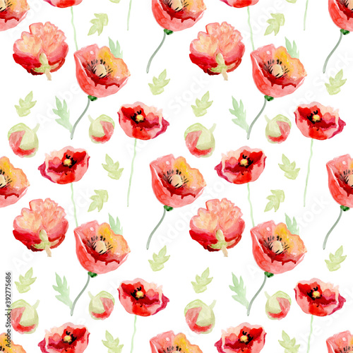 Watercolor floral background with red poppies. Romantic fragile flowers. Hand drawn seamless pattern for consumer industry design. Raster illustration