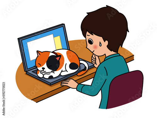 パソコンで寝る猫に困っている男性