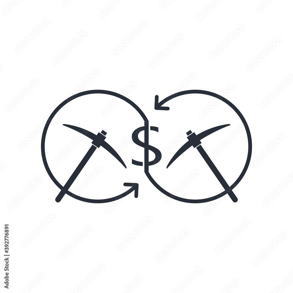 Dollar sign connecting arrows, pickaxe working tool. Joint Effort - collaboration working on an economic project. Vector icon isolated on white background. Dollar sign connecting arrows, pickaxe working tool. Joint Effort - collaboration working on an economic project. Vector icon isolated on white background.