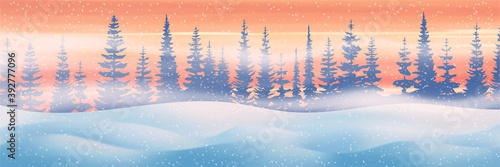 Fantasy on the theme of the winter landscape. Snow drifts, forest, blizzard and snowfall. Vector illustration, EPS10