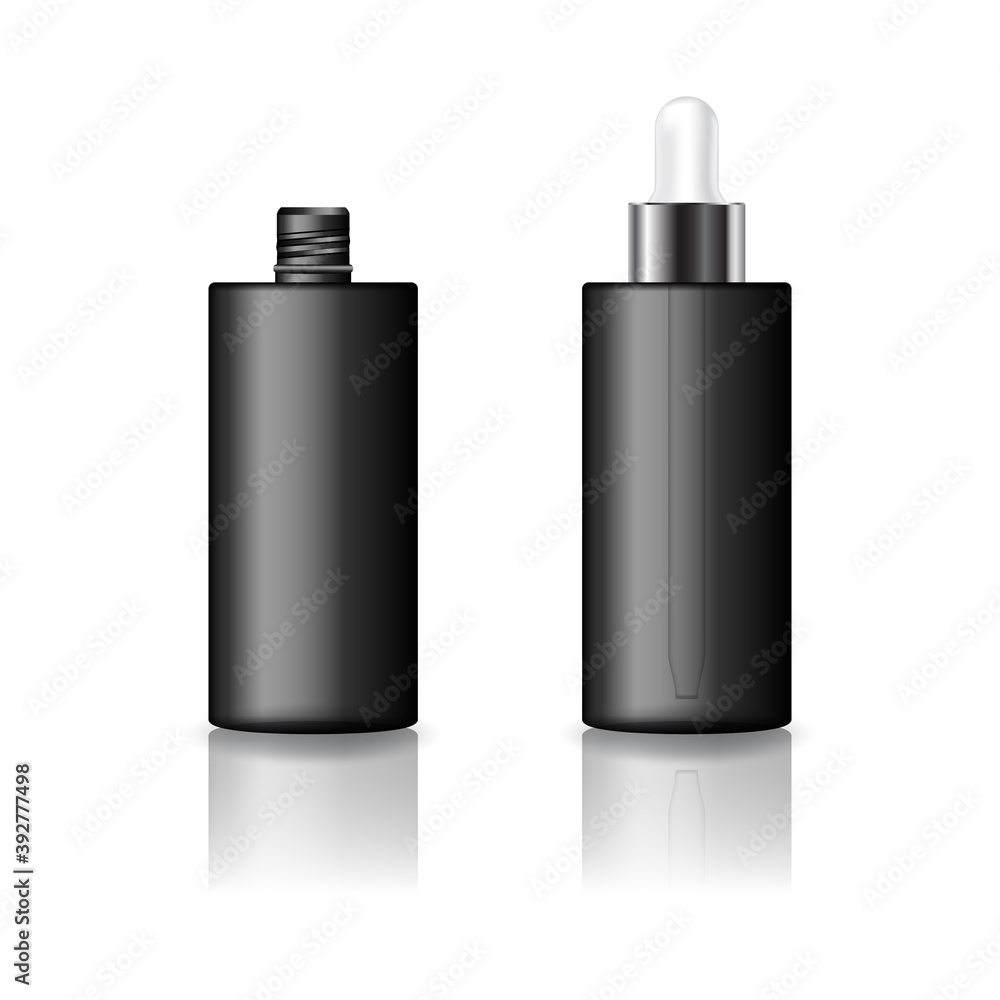 Blank black cylinder cosmetic bottle with white-silver dropper lid product mockup template. Blank black cylinder cosmetic bottle with white-silver dropper lid product mockup template.