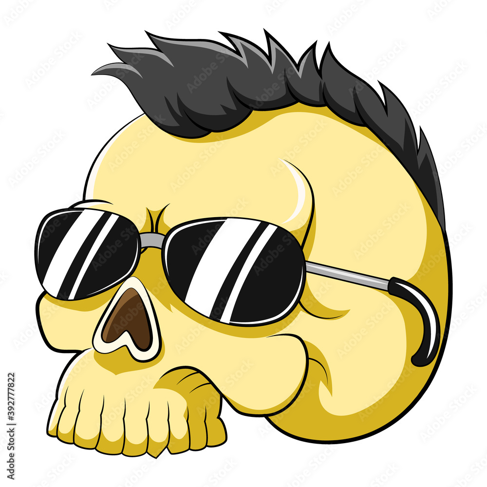Naklejka premium The yellow dead head skull with the punk hair and using the sunglasses